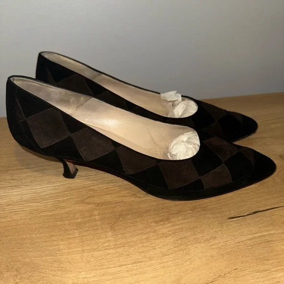Vintage Manolo Blahnik Kitten Heels Brown and Black Checkered Suede‎ Size 39.5 - Picture 4 of 9
